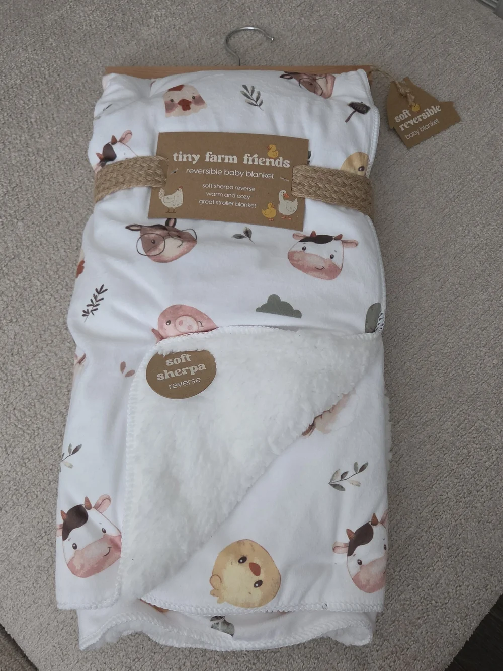Reversible Baby Blanket - White with Blush Farm Animal Print